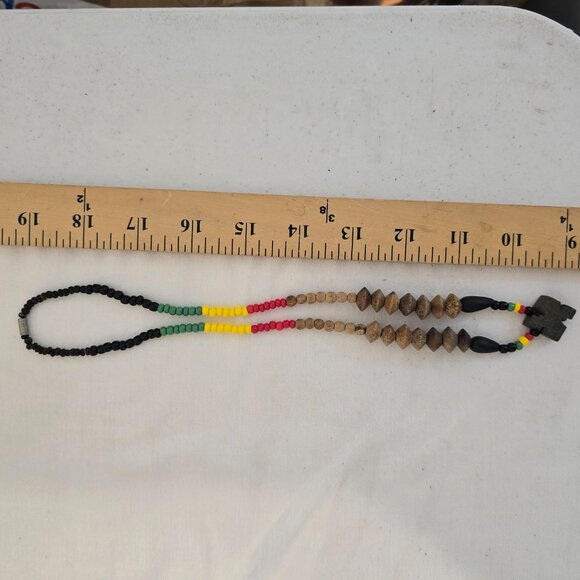 Rasta-style / African beaded necklace color scheme of red, yellow, and green - Picture 2 of 5